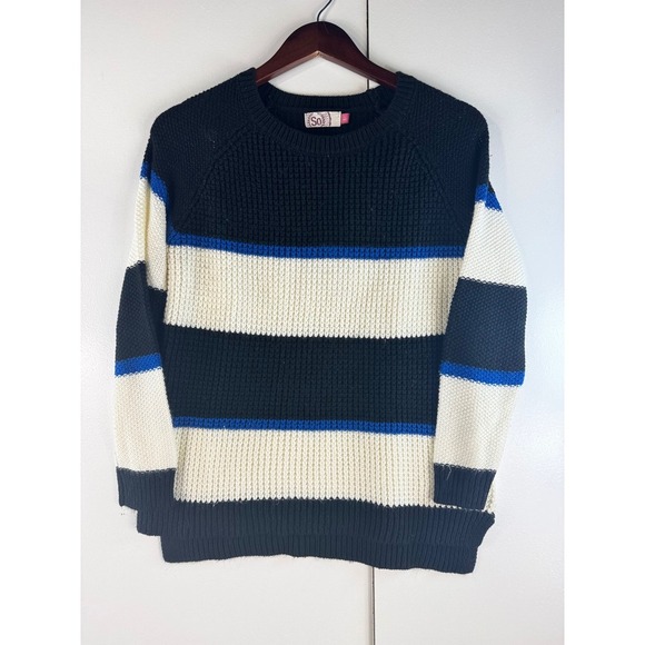 SO Striped Knit Sweater Pullover Crew Neck Long Sleeve Casual Black White Blue L - Picture 1 of 8